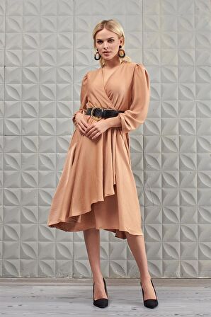 Kruvaze Saten Camel Elbise