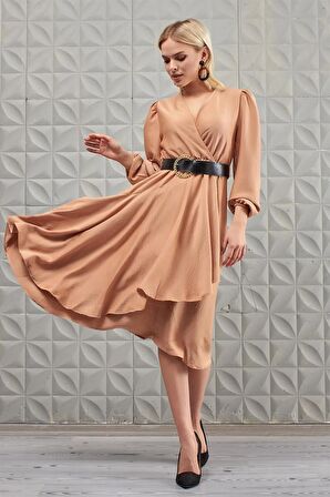 Kruvaze Saten Camel Elbise