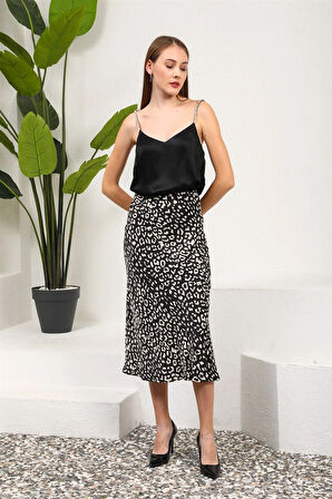 Siyah Leopar Desen Saten Etek