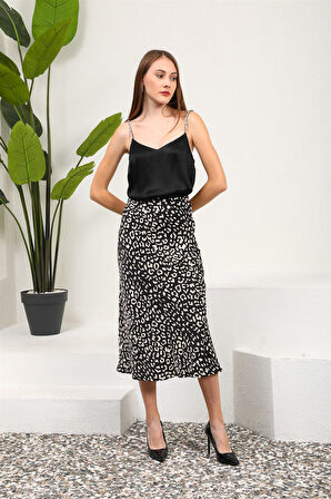 Siyah Leopar Desen Saten Etek