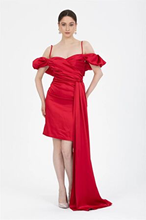 Kırmızı Drapeli Mini Saten Abiye Elbise