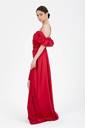 Kırmızı Drapeli Mini Saten Abiye Elbise