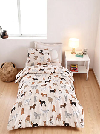 Kolay Ütülenir Nevresim Takımı Tek Kişilik Dogs Krem