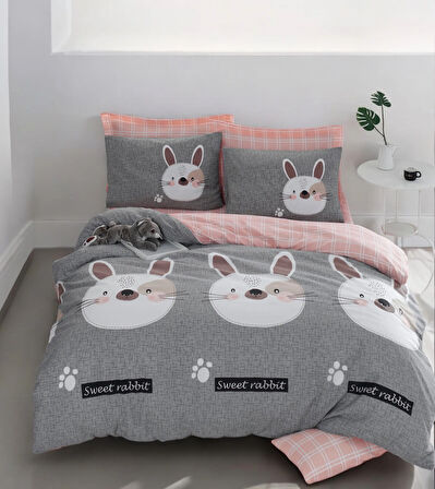 Kolay Ütülenir Nevresim Takımı Çift Kişilik Bunny A.Kahve-Gri-Pembe