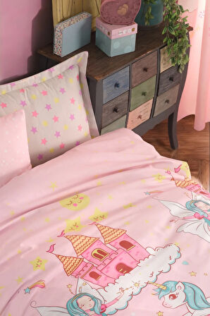 Kolay Ütülenir Nevresim Takımı Tek Kişilik Mystic Unicorn Pembe