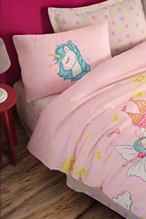 Kolay Ütülenir Nevresim Takımı Tek Kişilik Mystic Unicorn Pembe