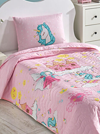 Kapitone Yatak Örtüsü Seti Tek Kişilik Mystic Unicorn Pembe