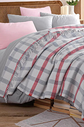 Battaniye Pamuklu Çift Kişilik Nordic Cozy Gri-Kırmızı