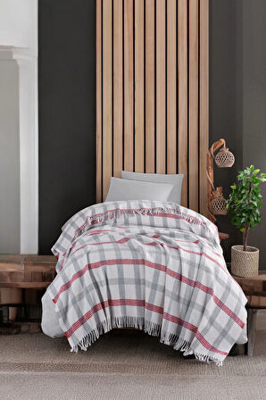 Battaniye Pamuklu Tek Kişilik Nordic Cozy Gri-Kırmızı