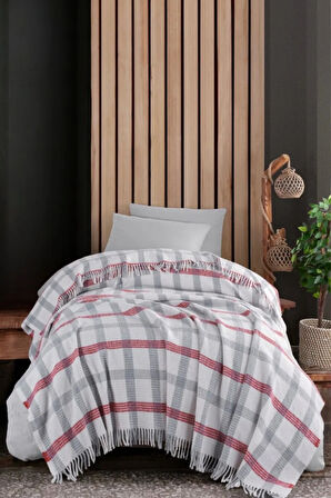 Battaniye Pamuklu Tek Kişilik Nordic Cozy Gri-Kırmızı