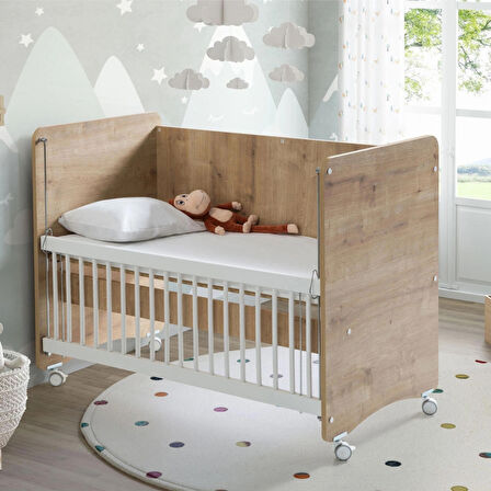 Babywhen BW1061 - Pratik Tekerlekli Anne Yanı Bebek Beşik Ahşap 60x120