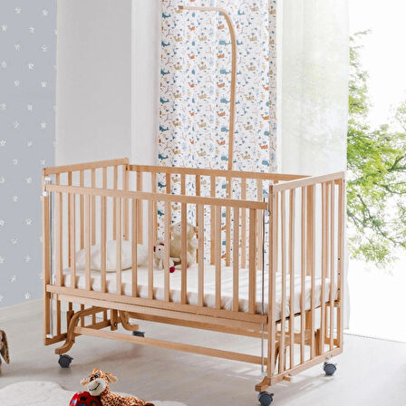 Babywho Bw6050 Erba Doğal Ahşap Bebek Beşiği - Tekerlekli, Sallanır, Kademeli, Anne Yanı Beşik - 70x130cm