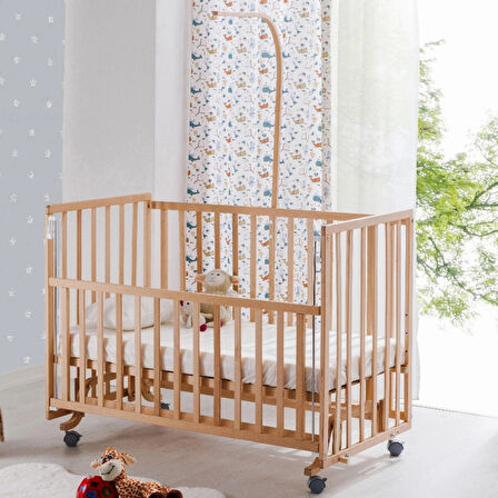Babywho Bw6050 Erba Doğal Ahşap Bebek Beşiği - Tekerlekli, Sallanır, Kademeli, Anne Yanı Beşik - 70x130cm