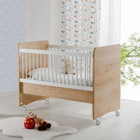 Babywhen BW1066 - Pratik Kademeli Anne Yanı Tekerlekli Beşik Ahşap 60x120