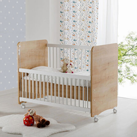 Babywhen BW1066 - Pratik Kademeli Anne Yanı Tekerlekli Beşik Ahşap 60x120