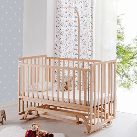 Babywho BW 6060 - Pratik Kademeli Sallanır Sabitlenir Anne Yanı Ahşap Bebek Beşik 60x120