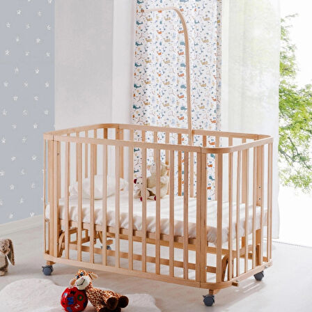 Babywho BW 6080 - Tekerlekli Sallanır Sabitlenir Kademeli Anne Yanı Ahşap Bebek Beşik 60x120