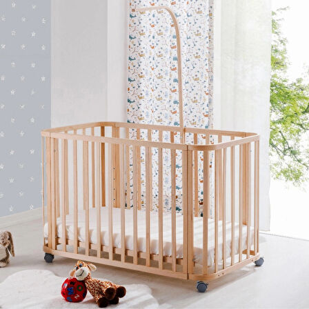 Babywho BW 6080 - Tekerlekli Sallanır Sabitlenir Kademeli Anne Yanı Ahşap Bebek Beşik 60x120