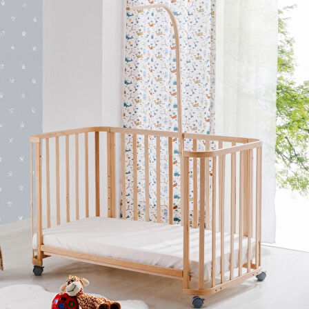 Babywho BW 6080 - Tekerlekli Sallanır Sabitlenir Kademeli Anne Yanı Ahşap Bebek Beşik 60x120