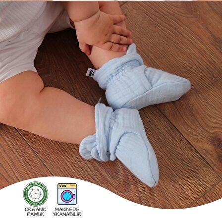 Mavi Organik Pamuk Müslin Yenidoğan Bebek Panduf  8304461054239