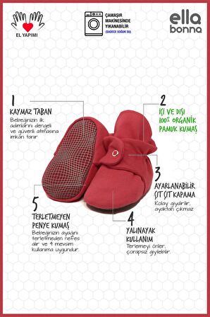 Ella Bonna Organik Pamuk Bebek Patiği, Kaydırmaz Taban Pamuklu Yenidoğan Pandufu Ev Kreş Ayakkabısı