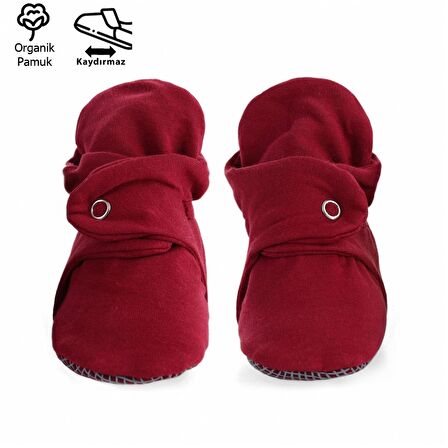 Organik Pamuk Bebek Patiği, Kaydırmaz Taban, Pamuklu Yenidoğan Pandufu Ev Kreş Ayakkabısı, Bordo