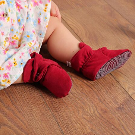 Organik Pamuk Bebek Patiği, Kaydırmaz Taban, Pamuklu Yenidoğan Pandufu Ev Kreş Ayakkabısı, Bordo