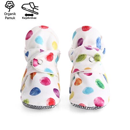 Organik Pamuk Bebek Patiği, Kaydırmaz Taban, Pamuklu Yenidoğan Pandufu Ev Kreş Ayakkabısı, Renkli Noktalar