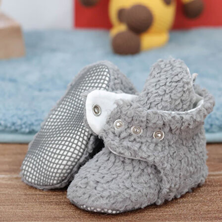 Teddy Bebek Pandufu, Kaydırmaz Taban, Organik Pamuk Astar Kreş Ayakkabısı, Gri