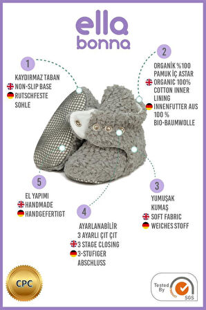 Teddy Bebek Pandufu, Kaydırmaz Taban, Organik Pamuk Astar Kreş Ayakkabısı, Gri