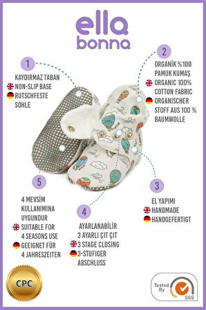 Organik Pamuk Bebek Patiği, Kaydırmaz Taban, Pamuklu Yenidoğan Pandufu Ev Kreş Ayakkabısı, Kapadokya