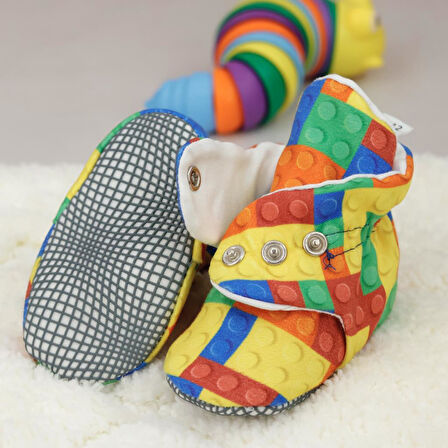 Organik Pamuk Bebek Patiği, Kaydırmaz Taban, Pamuklu Yenidoğan Pandufu Ev Kreş Ayakkabısı, Lego