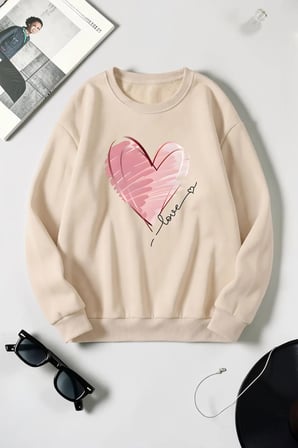 Unisex Kalp Baskılı Bisiklet Yaka Sweatshirt