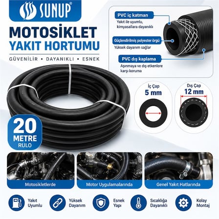 Sunup SN-38807 20 Metre 12Mm Motosiklet Araç Yakıt Hortumu Rulo Esnek Güçlendirilmiş