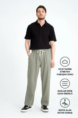 Luxe Erkek Baggy Keten Karışımı Rahat Pantolon Bol Paça Yeni Sezon