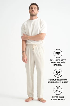 Luxe Erkek Baggy Keten Karışımı Rahat Pantolon Bol Paça Yeni Sezon