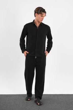 Flare Kışlık Baggy Pantolon Oversize Gömlek Alt Üst Takım %100 Pamuk Siyah