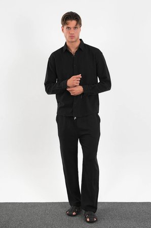Flare Kışlık Baggy Pantolon Oversize Gömlek Alt Üst Takım %100 Pamuk Siyah