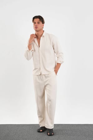 Flare Kışlık Baggy Pantolon Oversize Gömlek Alt Üst Takım %100 Pamuk Bej