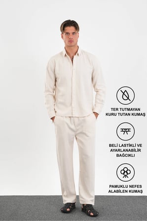 Flare Kışlık Baggy Pantolon Oversize Gömlek Alt Üst Takım %100 Pamuk Bej