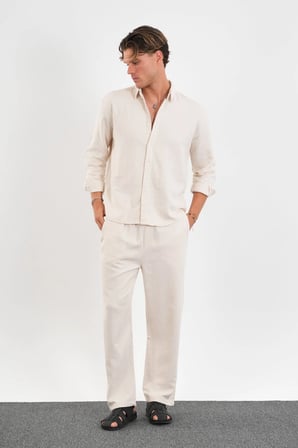 Flare Kışlık Baggy Pantolon Oversize Gömlek Alt Üst Takım %100 Pamuk Bej