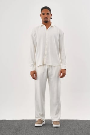 Flare Kışlık Baggy Pantolon Oversize Gömlek Alt üst Takım %100 Pamuk Beyaz