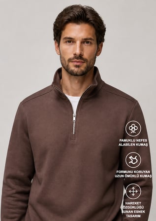 Runi Basic Regular Fit Pamuklu Kışlık Sweatshirt Kahve