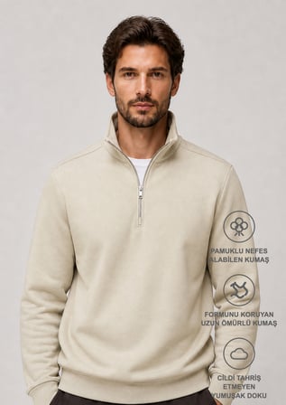 Runi Basic Regular Fit Pamuklu Kışlık Sweatshirt Bej