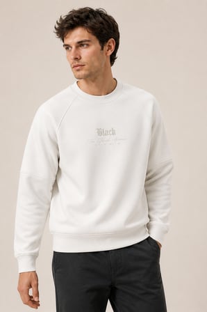 Black Yeni Sezon Erkek Kışlık Regular Fit Sweatshirt Pamuklu Beyaz