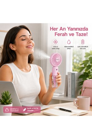 ZB159B Şarj Edilebilir Mini El Fanı Ve Su Püskürtmeli Nemlendirici Spreyli Vantilatör Pembe