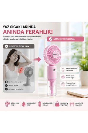 ZB159B Şarj Edilebilir Mini El Fanı Ve Su Püskürtmeli Nemlendirici Spreyli Vantilatör Pembe