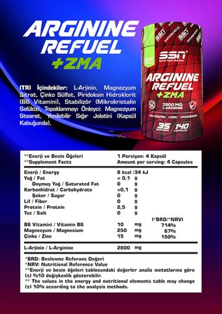 SSN Sports Style Nutrition Arginine Refuel ZMA 140 Kapsül Amino Asit Mineral