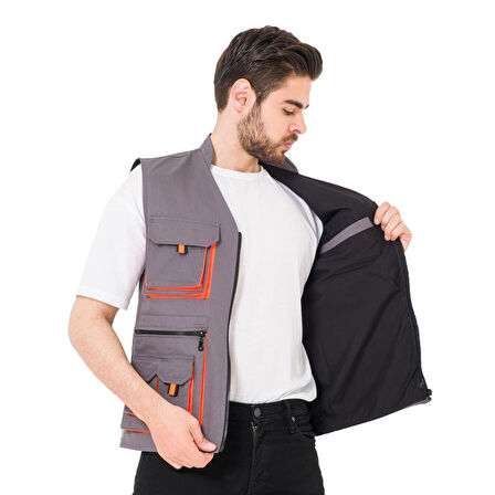 Şensel, Reflektörlü Çok Cepli Yelek, Gri-Turuncu -118E1332-