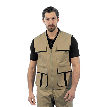 Şensel, Yelek, Bej-Siyah -118E3557- Dört Cepli, Mevsimlik